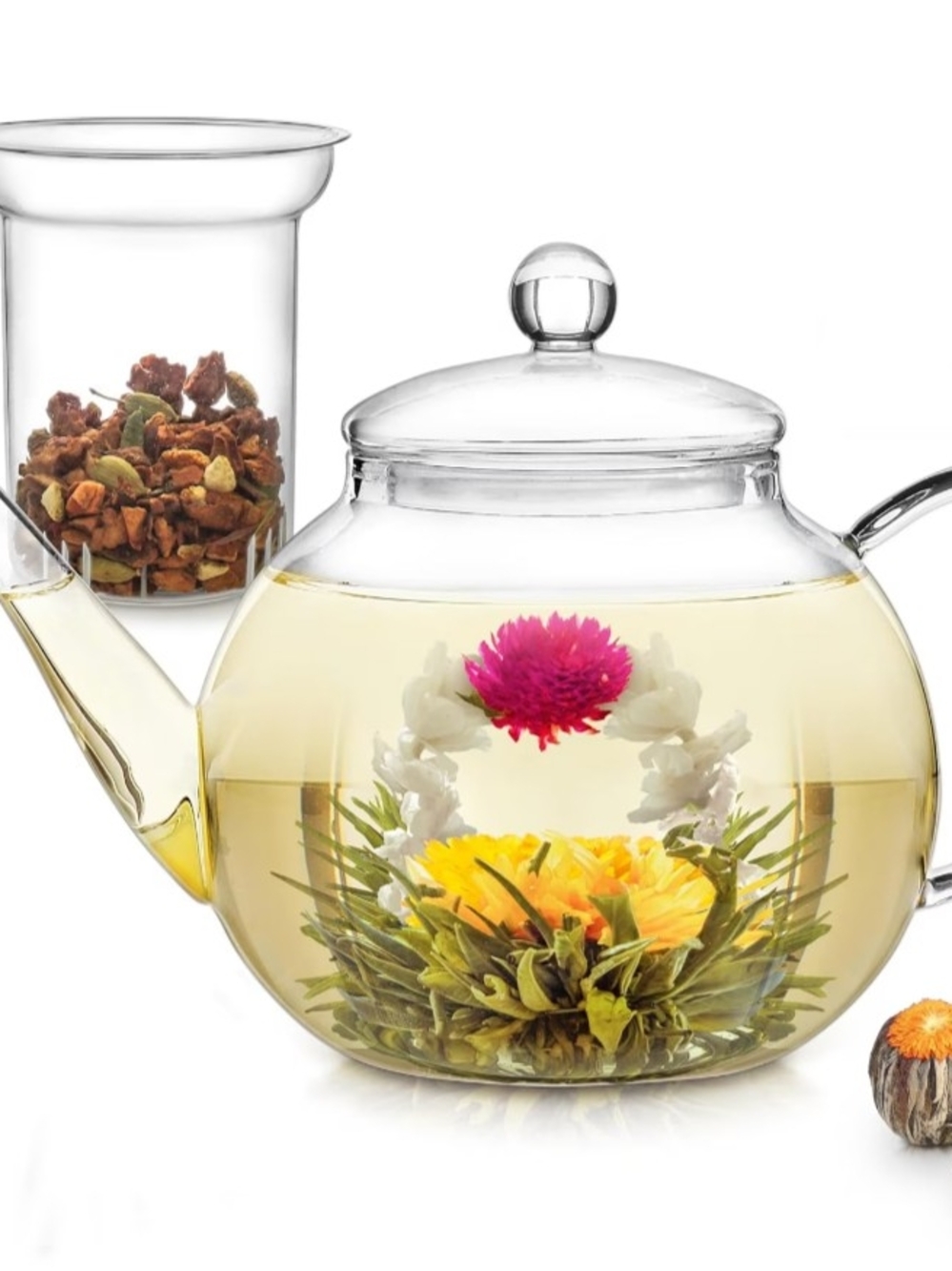Glass Blooming Tea Teapot with Infuser - Clear + Tea Set